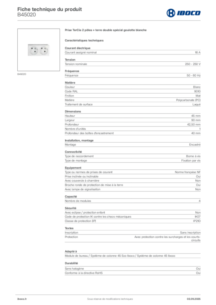 Image Iboco Fiche technique du produit B45020 | Hager France