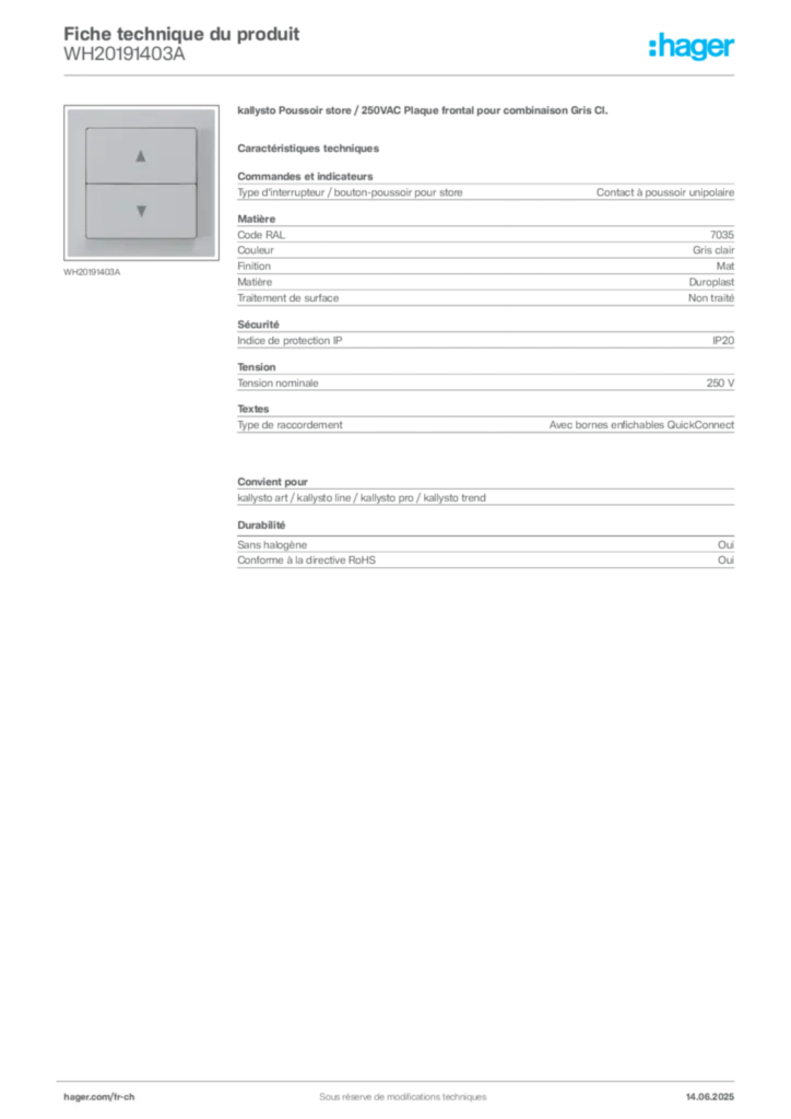Image Hager Fiche technique du produit WH20191403A | Hager Suisse