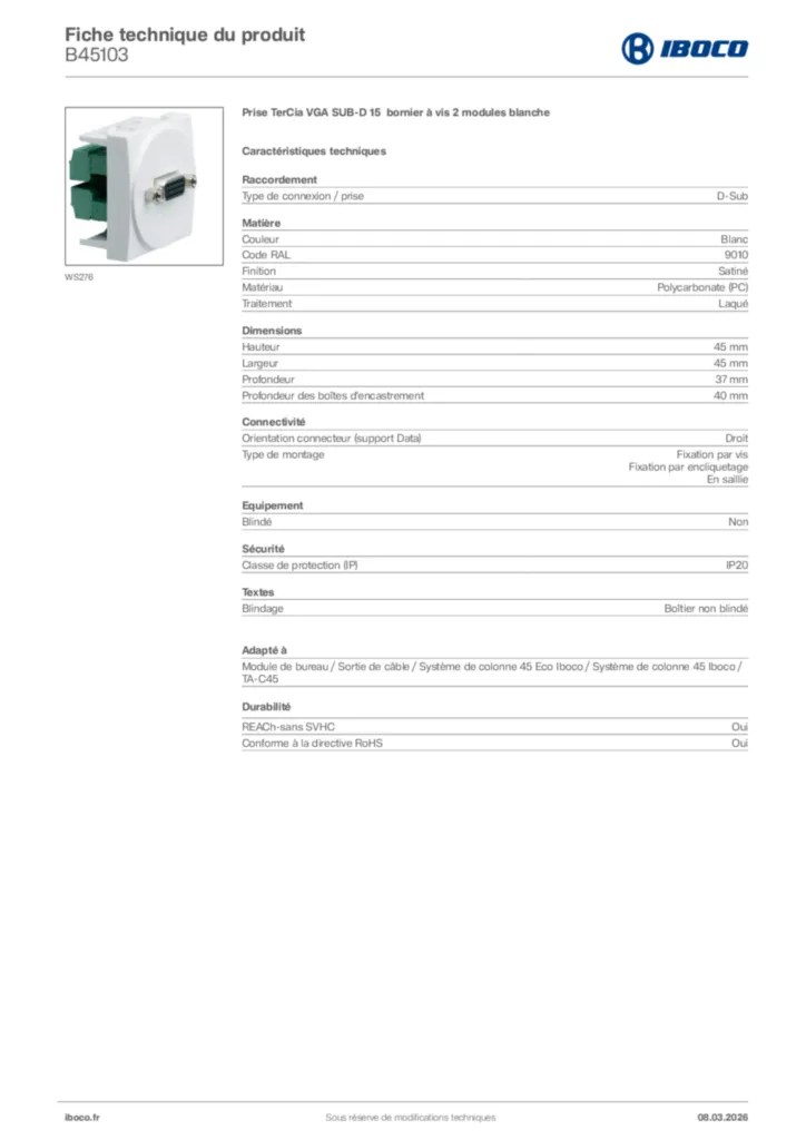 Image Iboco Fiche technique du produit B45103 | Hager France