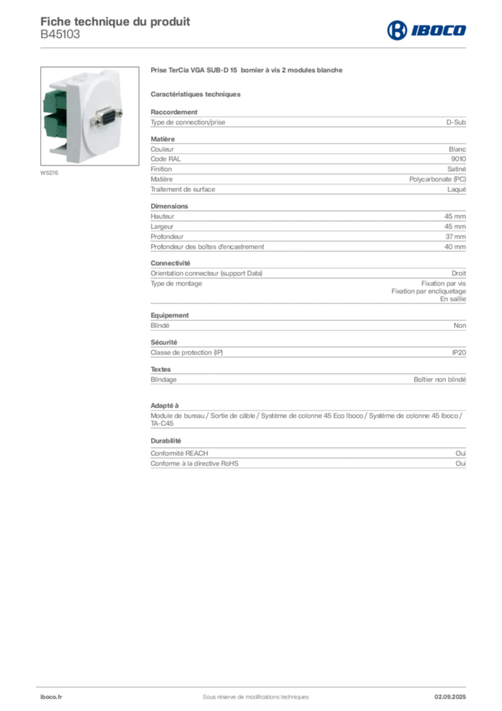 Image Iboco Fiche technique du produit B45103 | Hager France