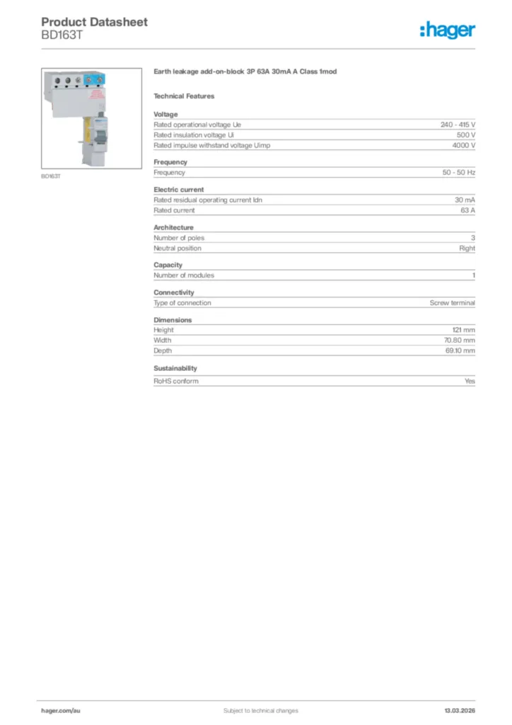 Image Hager Product data sheet BD163T  | Hager Australia
