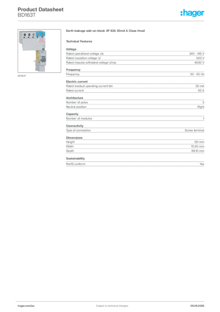 Image Hager Product data sheet BD163T  | Hager Australia