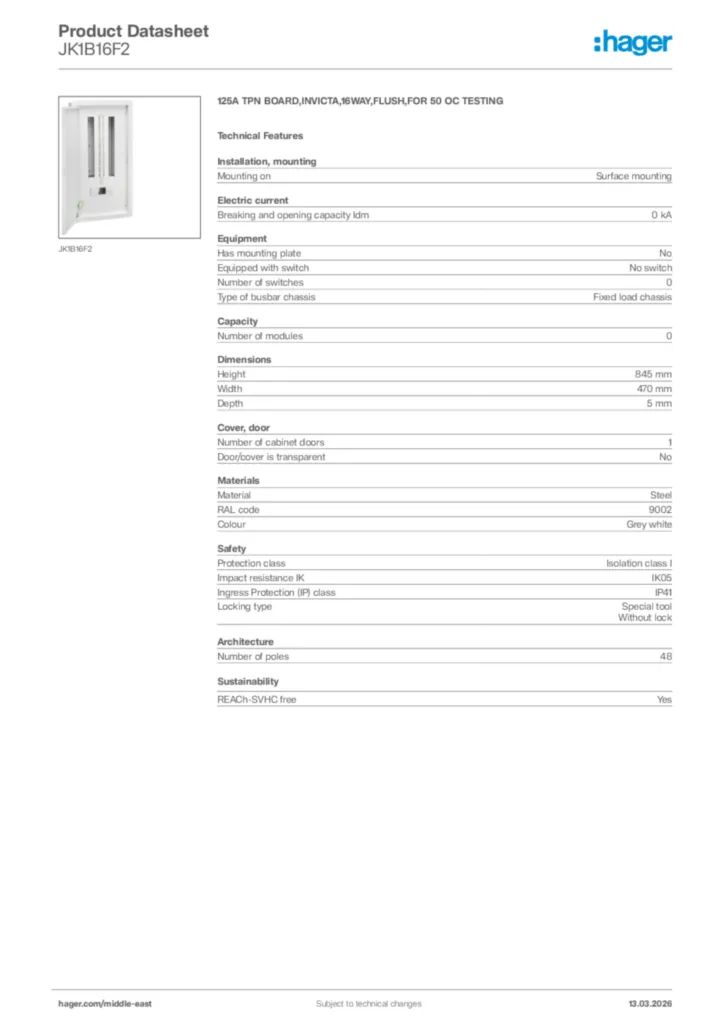 Image Hager Product data sheet JK1B16F2  | Hager