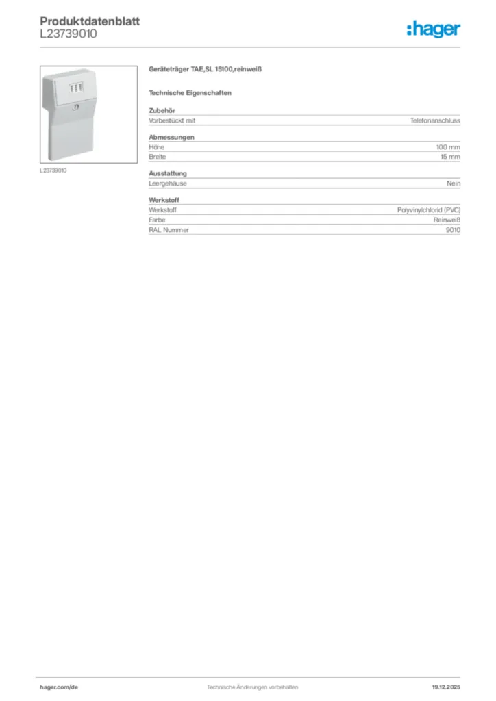 Bild Hager Produktdatenblatt L23739010 | Hager Deutschland
