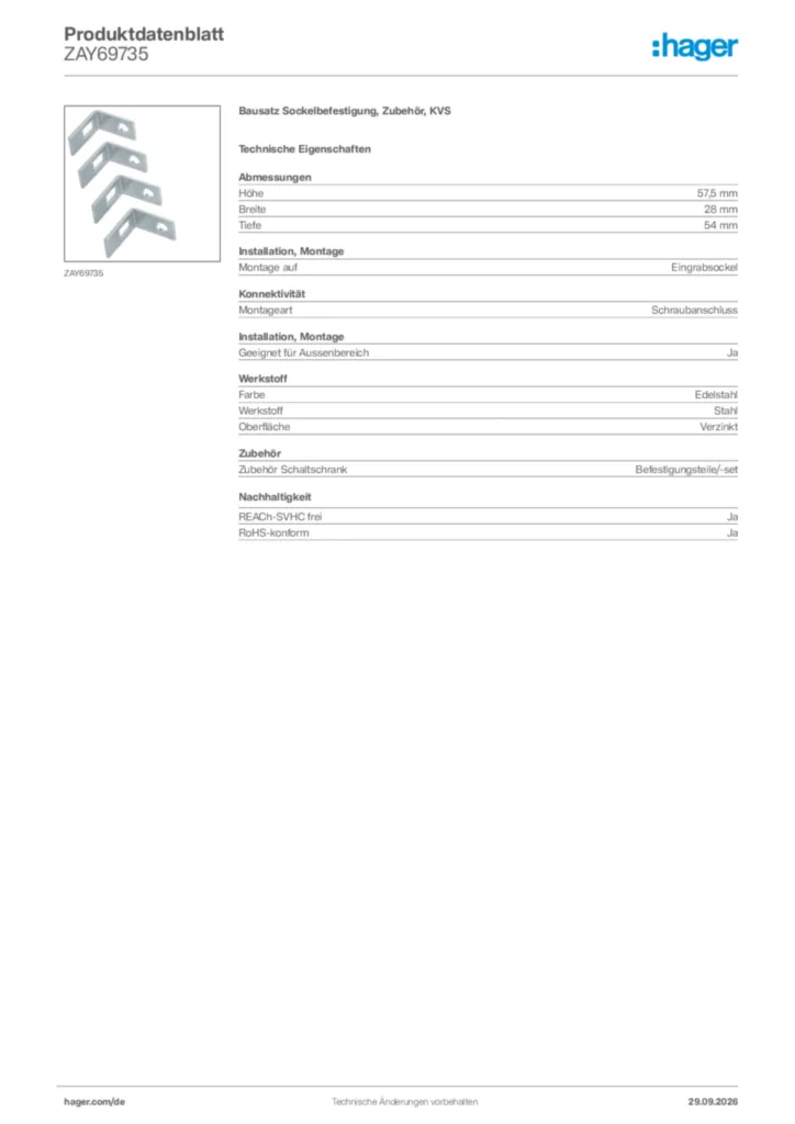 Bild Hager Produktdatenblatt ZAY69735 | Hager Deutschland
