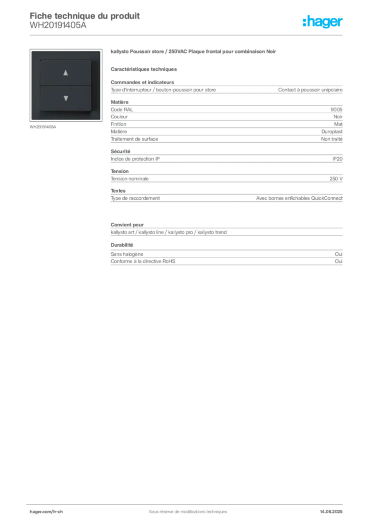 Image Hager Fiche technique du produit WH20191405A | Hager Suisse