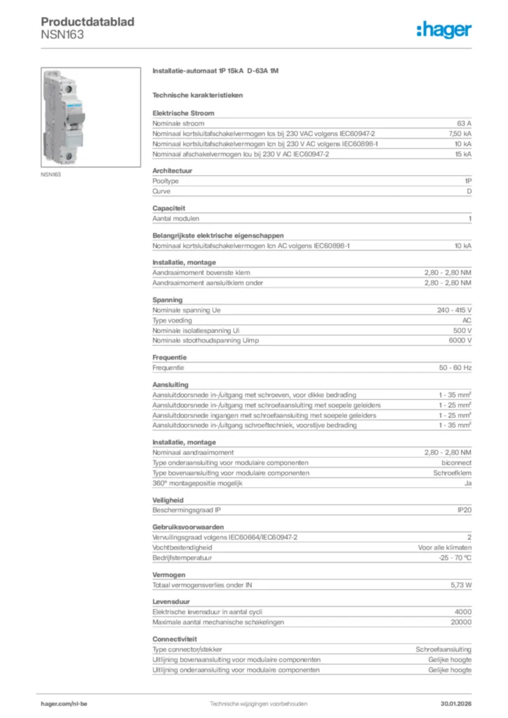 Afbeelding Hager Productdatablad NSN163 | Hager Belgium
