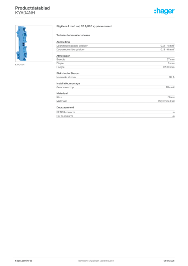 Afbeelding Hager Productdatablad KYA04NH | Hager Belgium