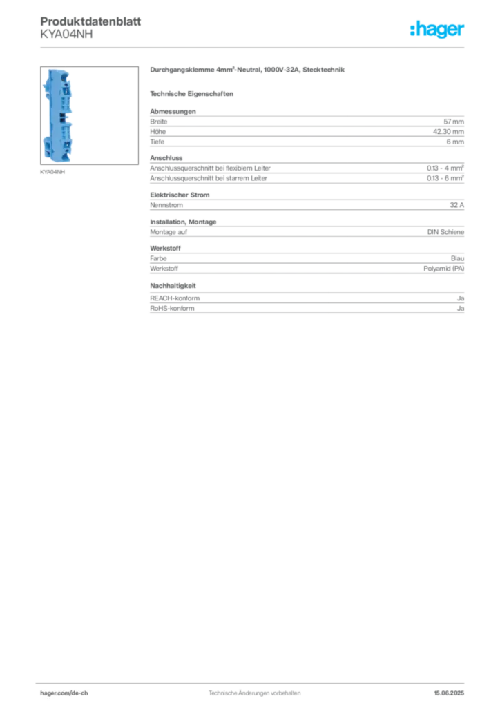 Bild Hager Produktdatenblatt KYA04NH | Hager Schweiz