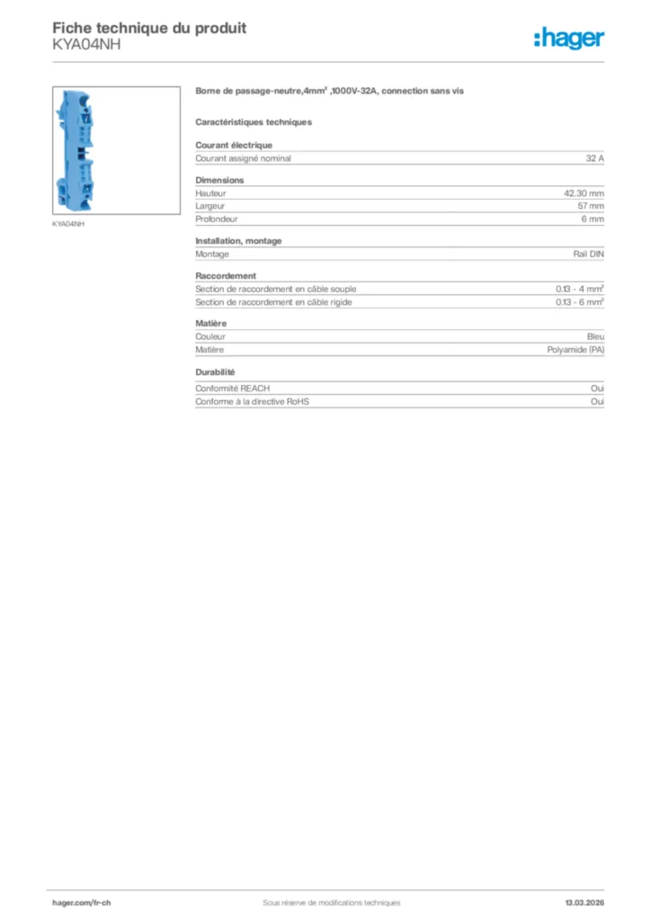 Image Hager Fiche technique du produit KYA04NH | Hager Suisse