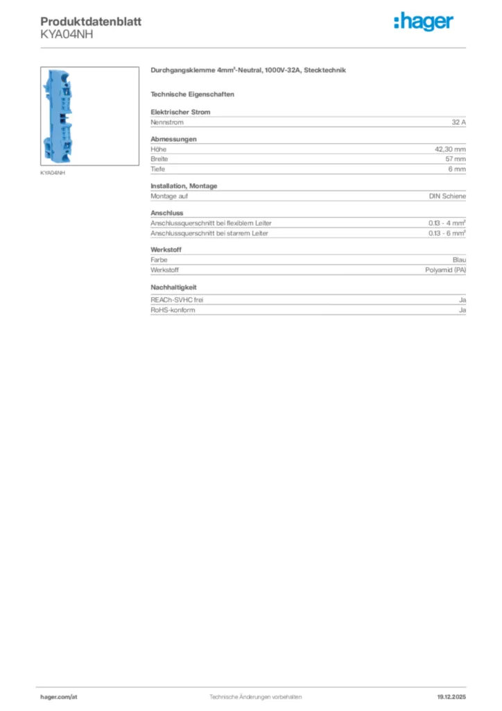 Bild Hager Produktdatenblatt KYA04NH | Hager Deutschland