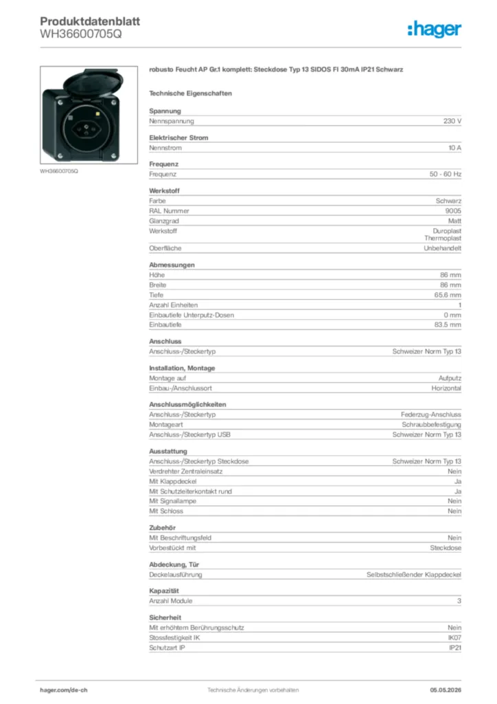 Bild Hager Produktdatenblatt WH36600705Q | Hager Schweiz