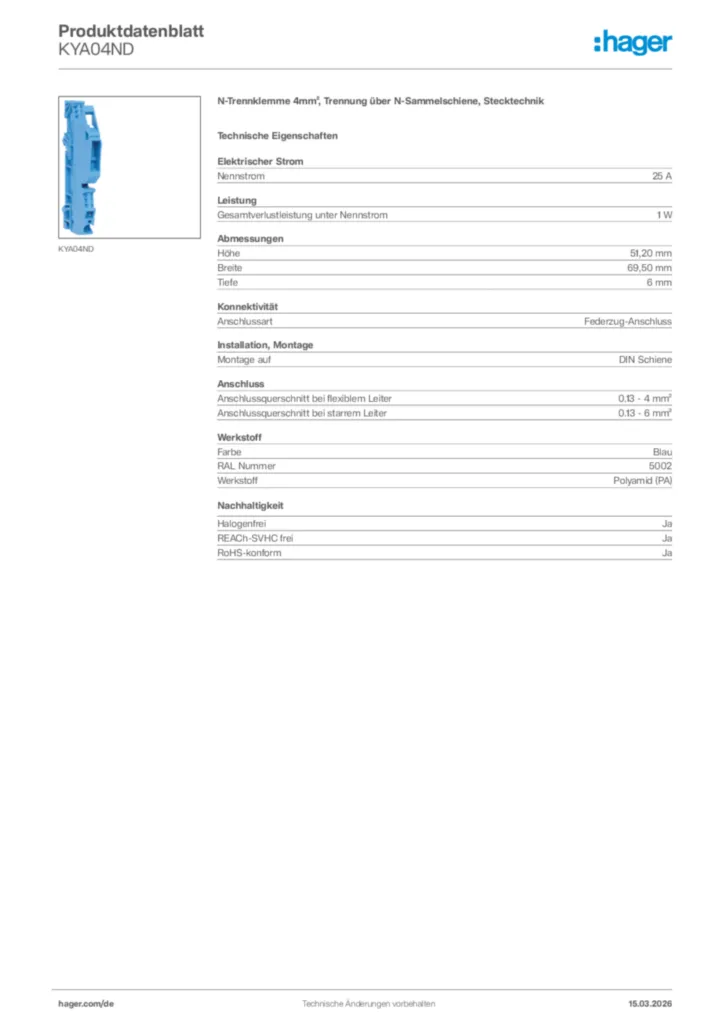 Bild Hager Produktdatenblatt KYA04ND | Hager Deutschland