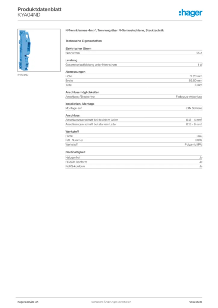 Bild Hager Produktdatenblatt KYA04ND | Hager Schweiz