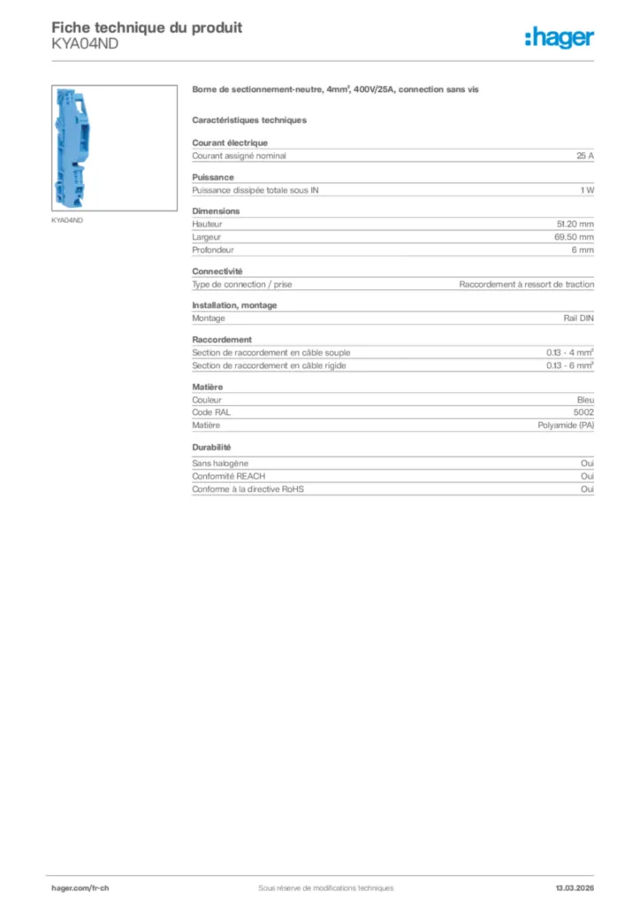 Image Hager Fiche technique du produit KYA04ND | Hager Suisse