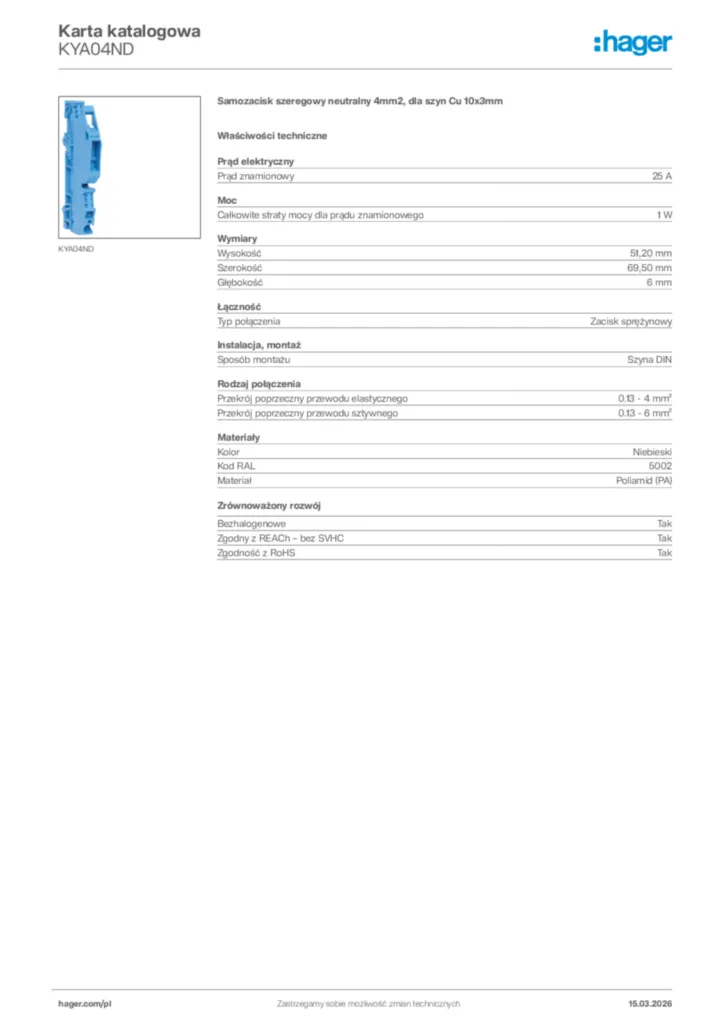 Zdjęcie Hager Karta katalogowa KYA04ND | Hager Polska