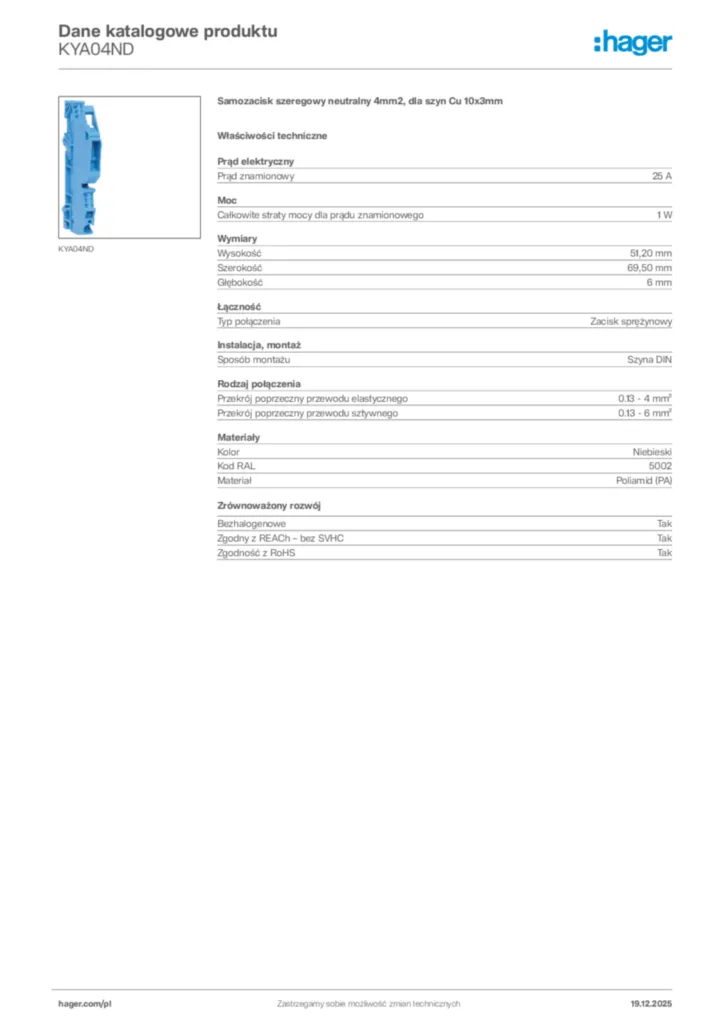 Zdjęcie Hager Karta katalogowa KYA04ND | Hager Polska