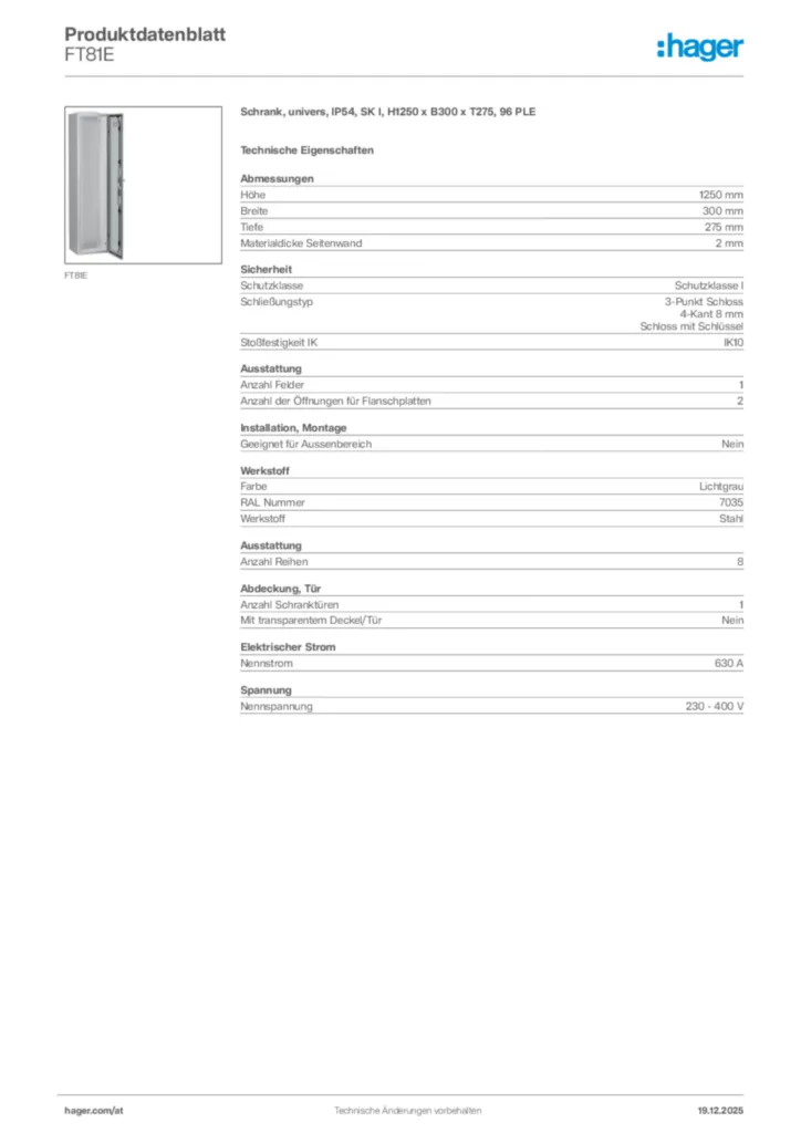 Bild Hager Produktdatenblatt FT81E | Hager Deutschland