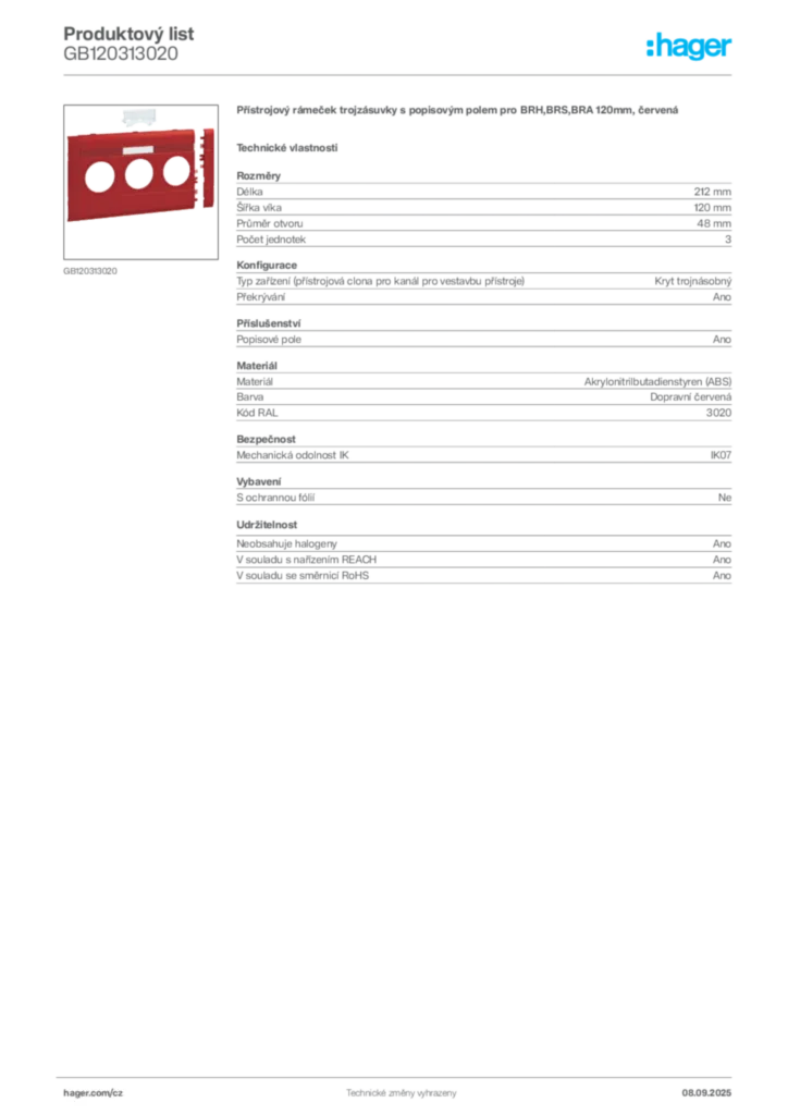 Obrázek Hager Produktový list GB120313020 | Hager