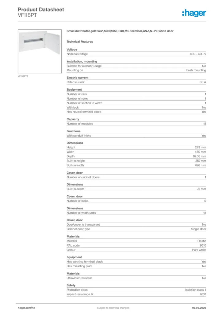 Image Hager Product data sheet VF118PT  | Hager New Zealand