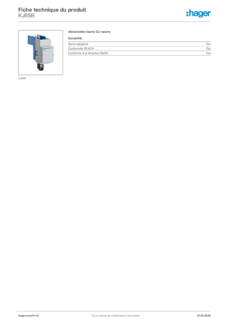 Image Hager Fiche technique du produit KJ85B | Hager Suisse