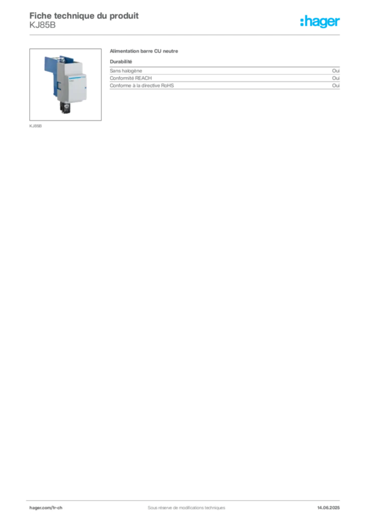 Image Hager Fiche technique du produit KJ85B | Hager Suisse