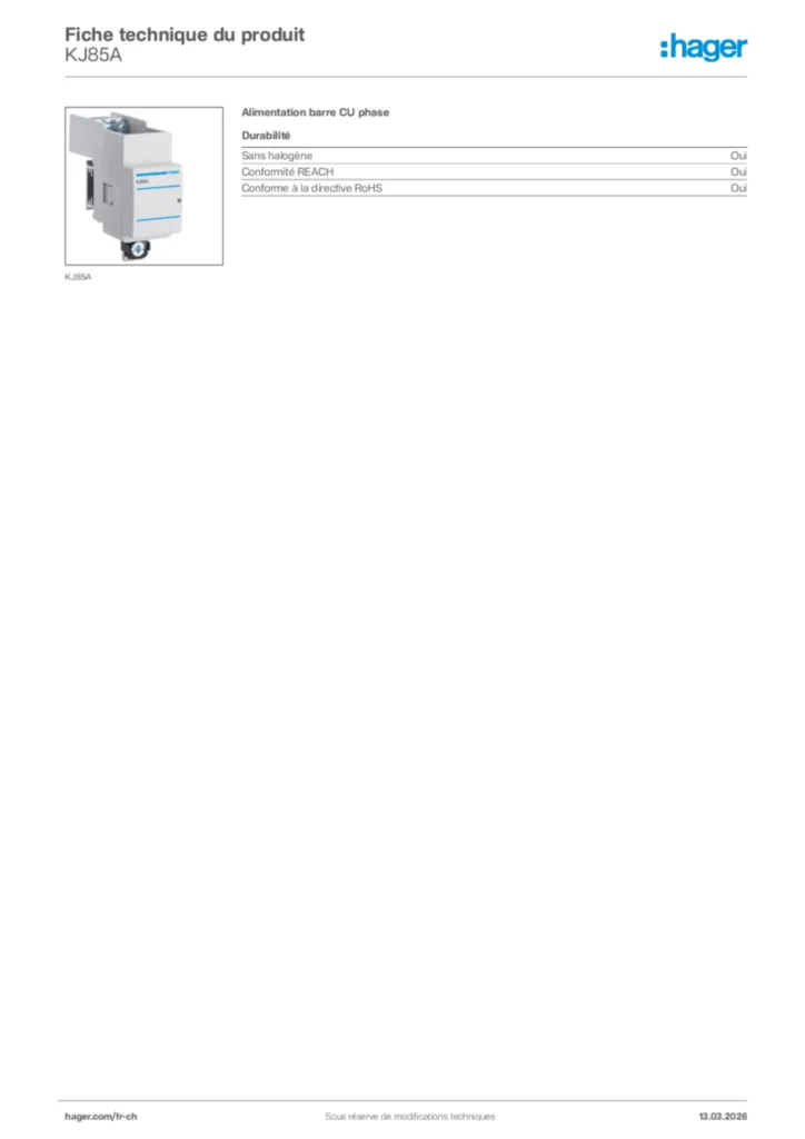 Image Hager Fiche technique du produit KJ85A | Hager Suisse