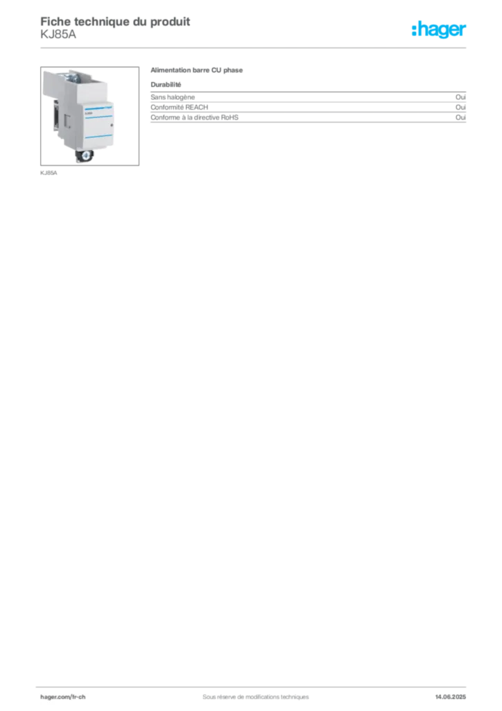 Image Hager Fiche technique du produit KJ85A | Hager Suisse