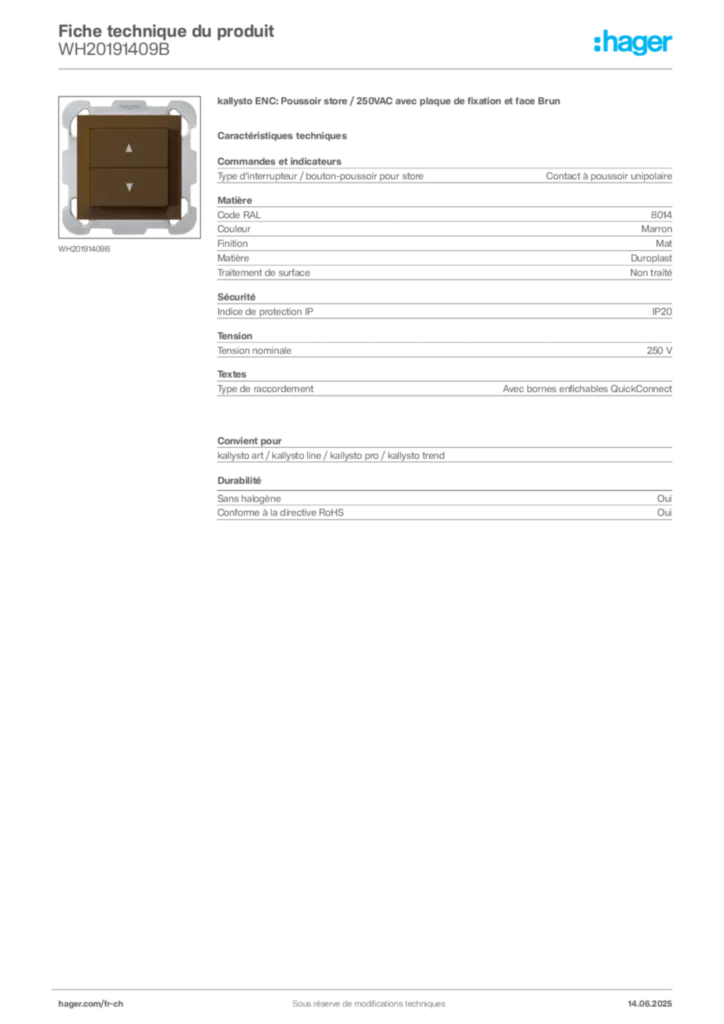Image Hager Fiche technique du produit WH20191409B | Hager Suisse