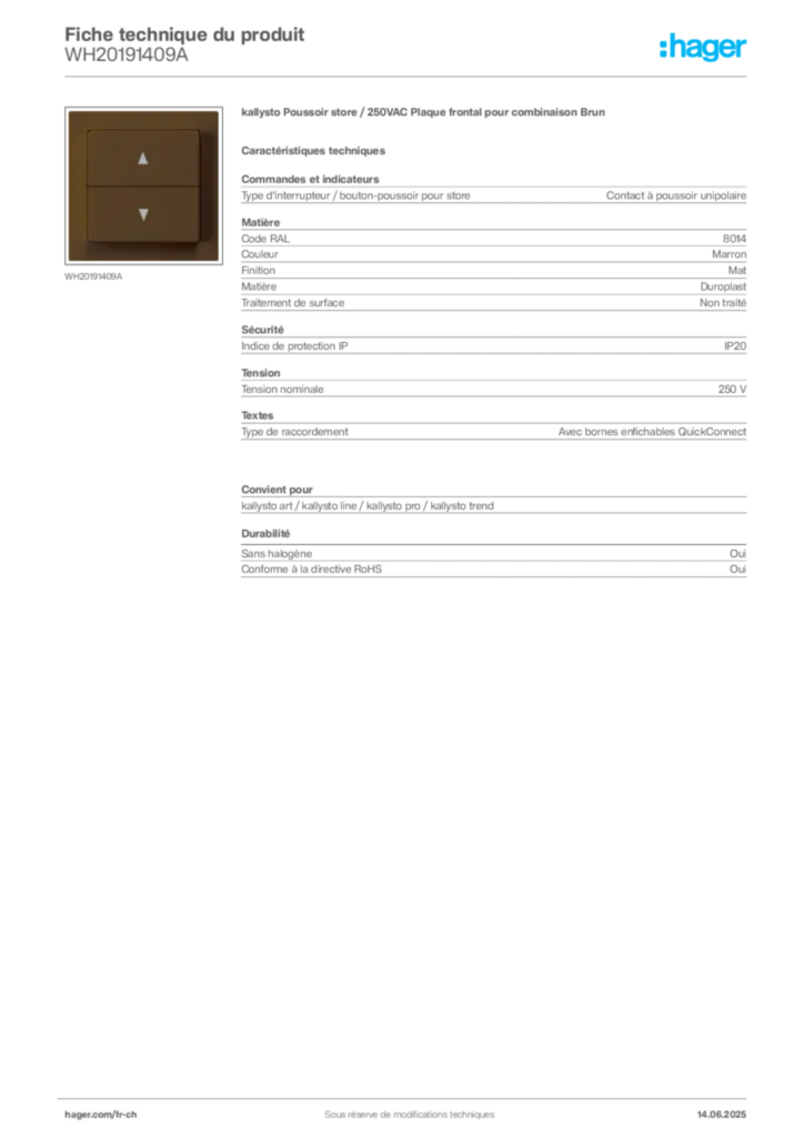 Image Hager Fiche technique du produit WH20191409A | Hager Suisse