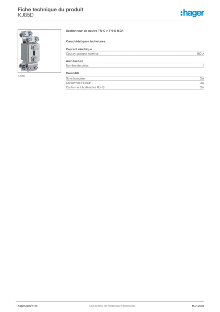 Image Hager Fiche technique du produit KJ85D | Hager Suisse