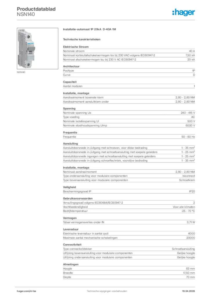 Afbeelding Hager Productdatablad NSN140 | Hager Belgium