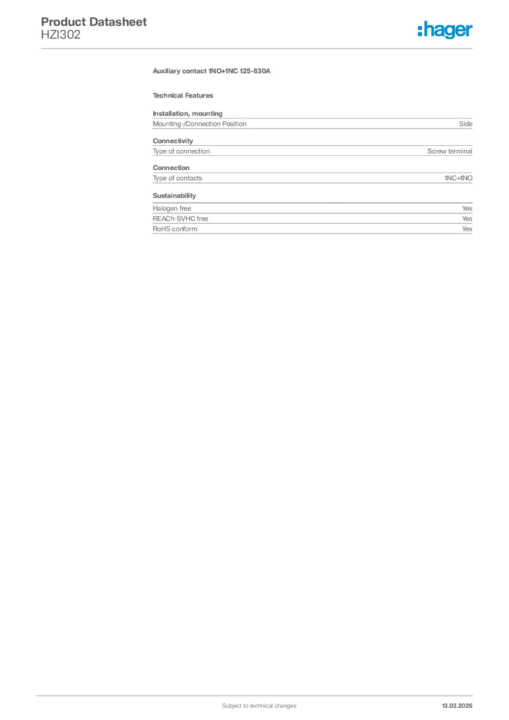Image Hager Product data sheet HZI302  | Hager Africa