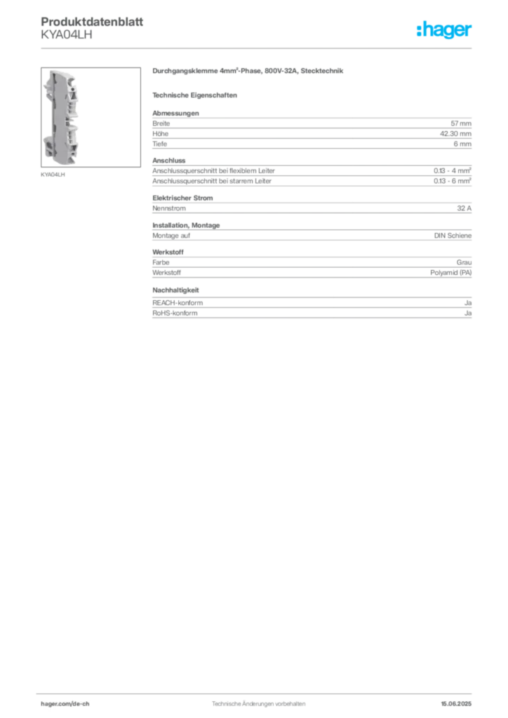 Bild Hager Produktdatenblatt KYA04LH | Hager Schweiz