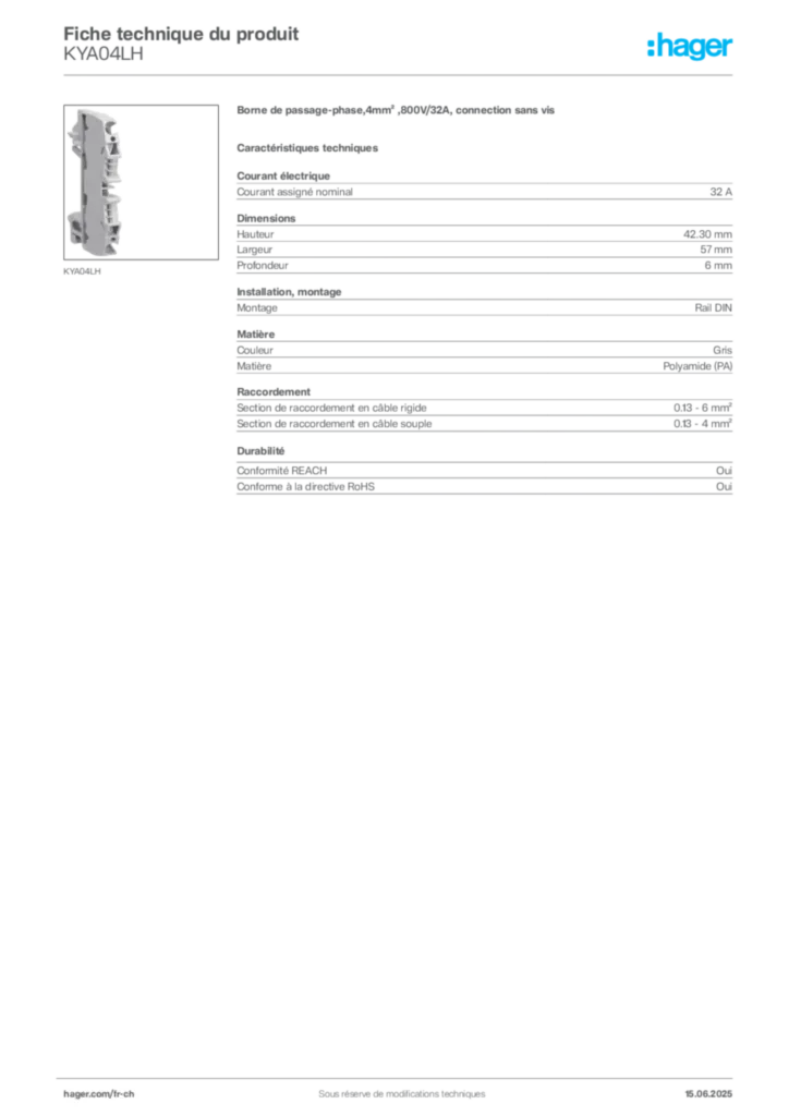 Image Hager Fiche technique du produit KYA04LH | Hager Suisse