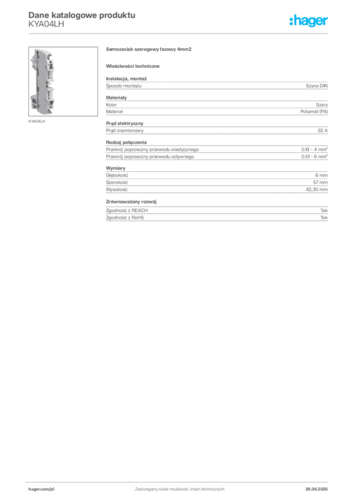 Zdjęcie Hager Karta katalogowa KYA04LH | Hager Polska