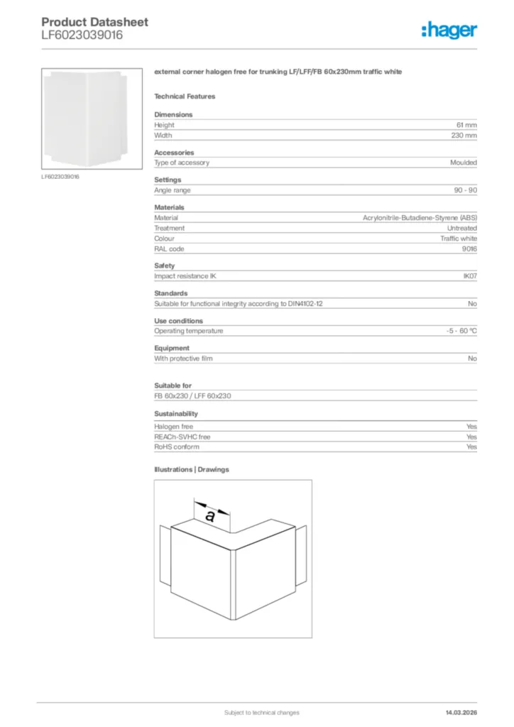Image Hager Product data sheet LF6023039016  | Hager Africa