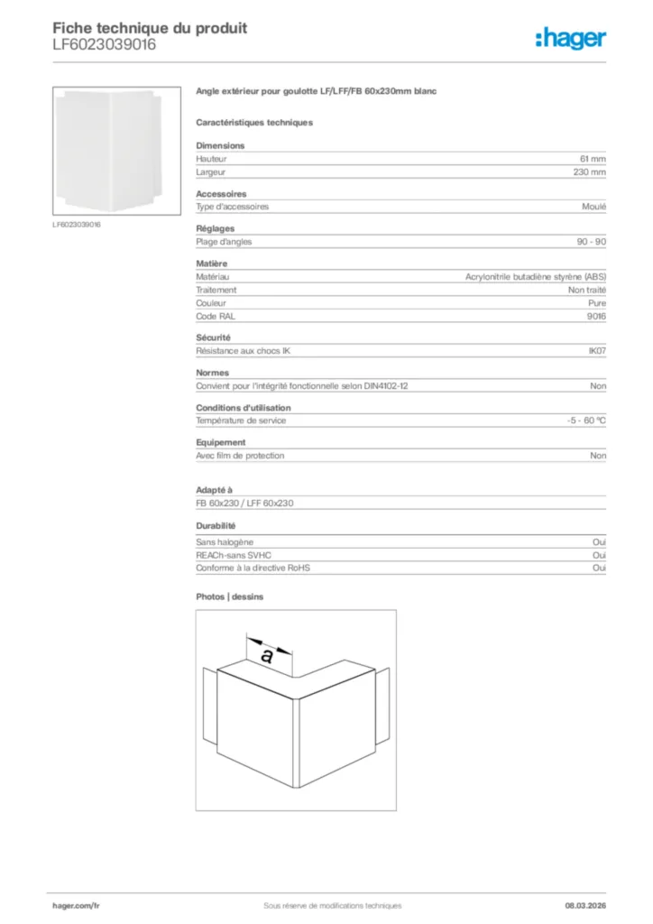Image Hager Fiche technique du produit LF6023039016 | Hager France