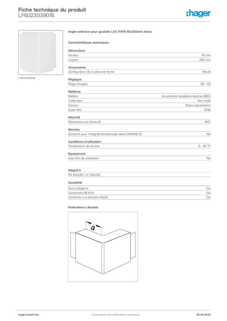 Image Hager Fiche technique du produit LF6023039016 | Hager Belgique