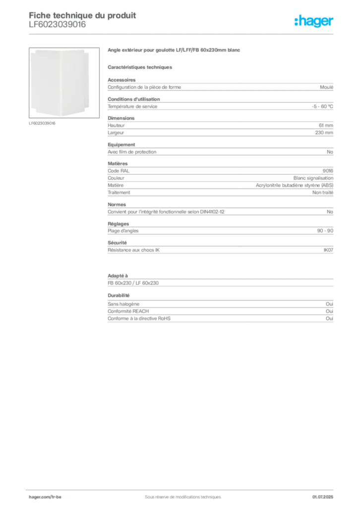 Image Hager Fiche technique du produit LF6023039016 | Hager Belgique