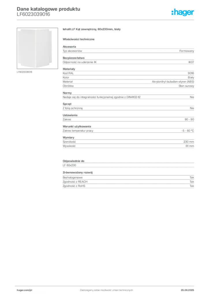 Zdjęcie Hager Karta katalogowa LF6023039016 | Hager Polska