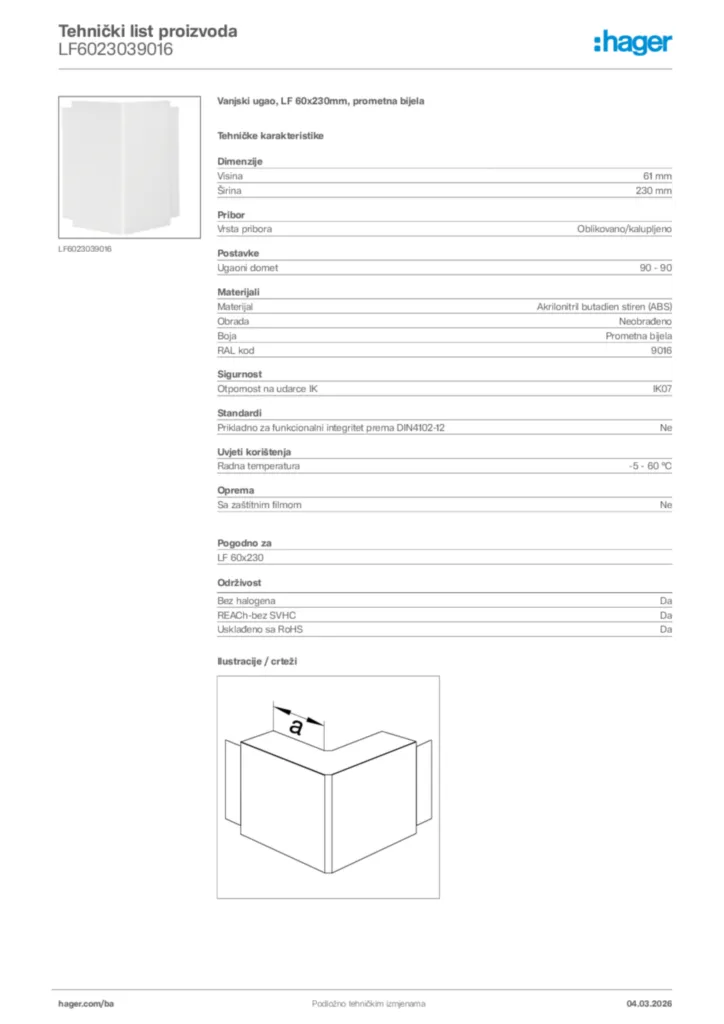Slika Hager Tehnički list proizvoda LF6023039016  | Hager