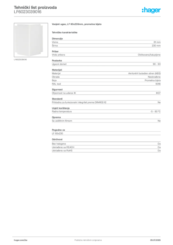 Slika Hager Product data sheet LF6023039016  | Hager