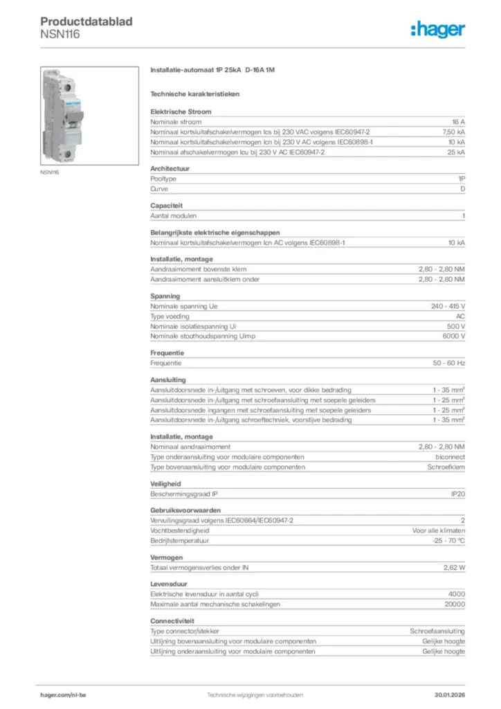 Afbeelding Hager Productdatablad NSN116 | Hager Belgium