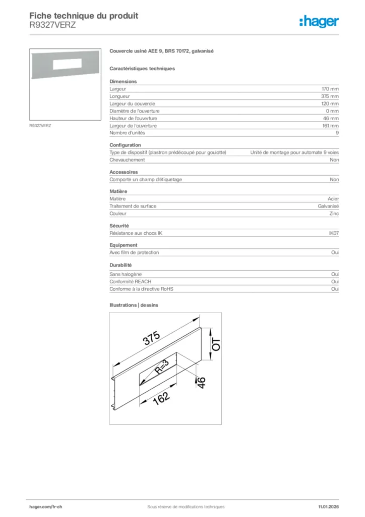 Image Hager Fiche technique du produit R9327VERZ | Hager Suisse