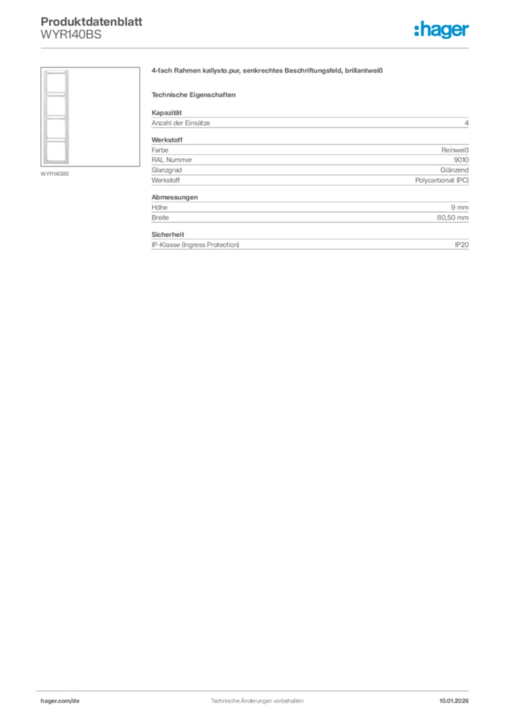 Bild Hager Produktdatenblatt WYR140BS | Hager Deutschland