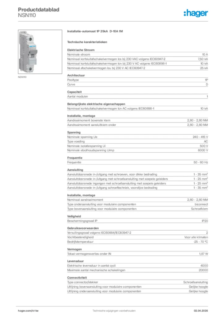 Afbeelding Hager Productdatablad NSN110 | Hager Belgium