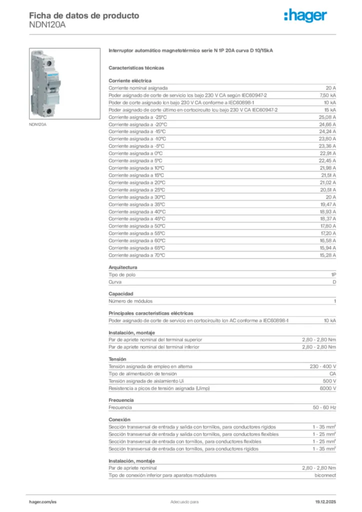Imagen Hager Ficha de datos de producto NDN120A | Hager España