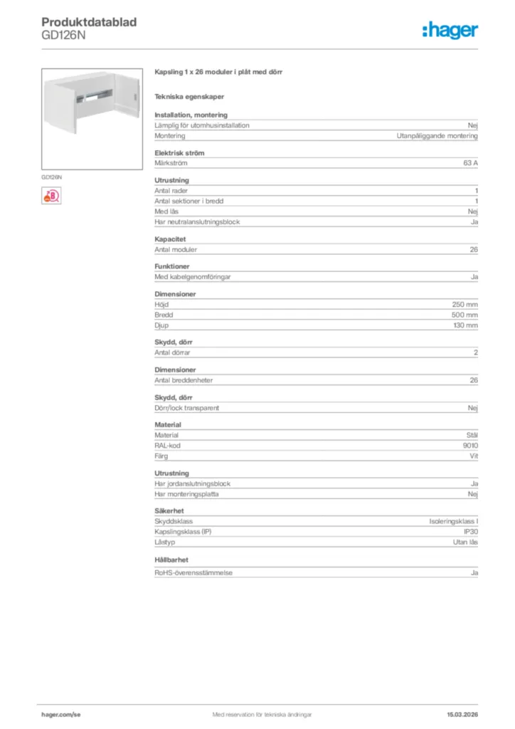 Bild Hager Produktdatablad GD126N | Hager Sverige