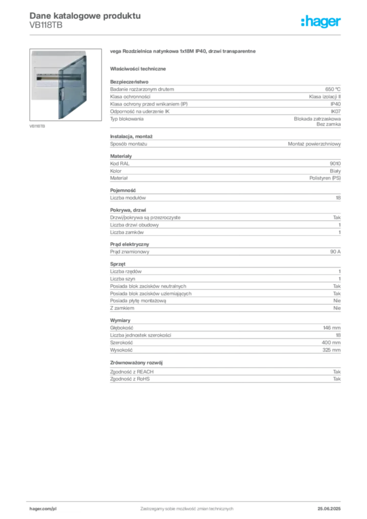 Zdjęcie Hager Karta katalogowa VB118TB | Hager Polska